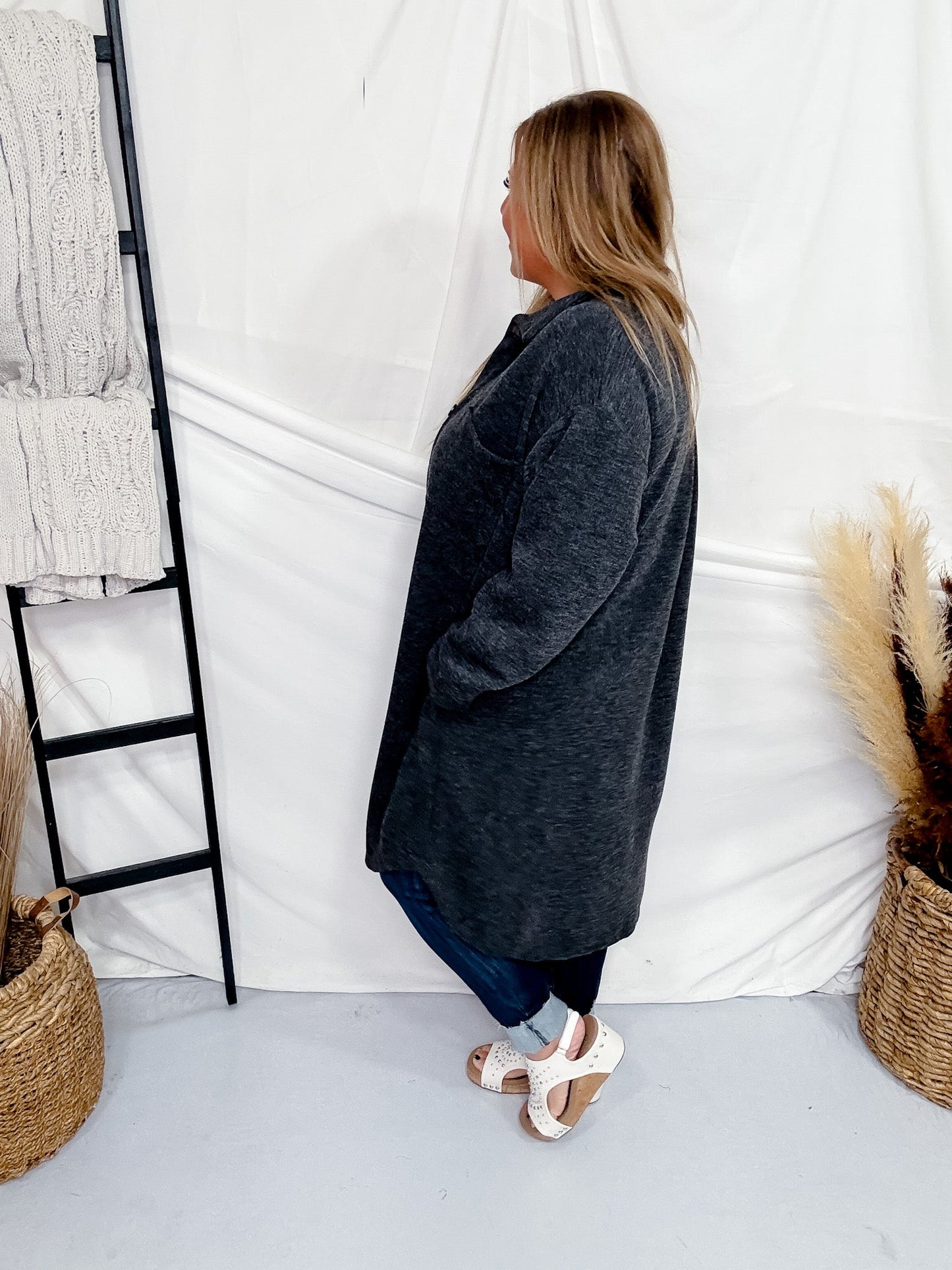 Charcoal Long Button Front Cardigan - Whiskey Skies - STYLIVE