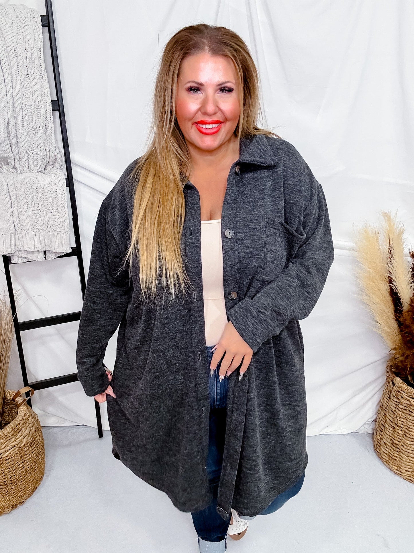 Charcoal Long Button Front Cardigan - Whiskey Skies - STYLIVE