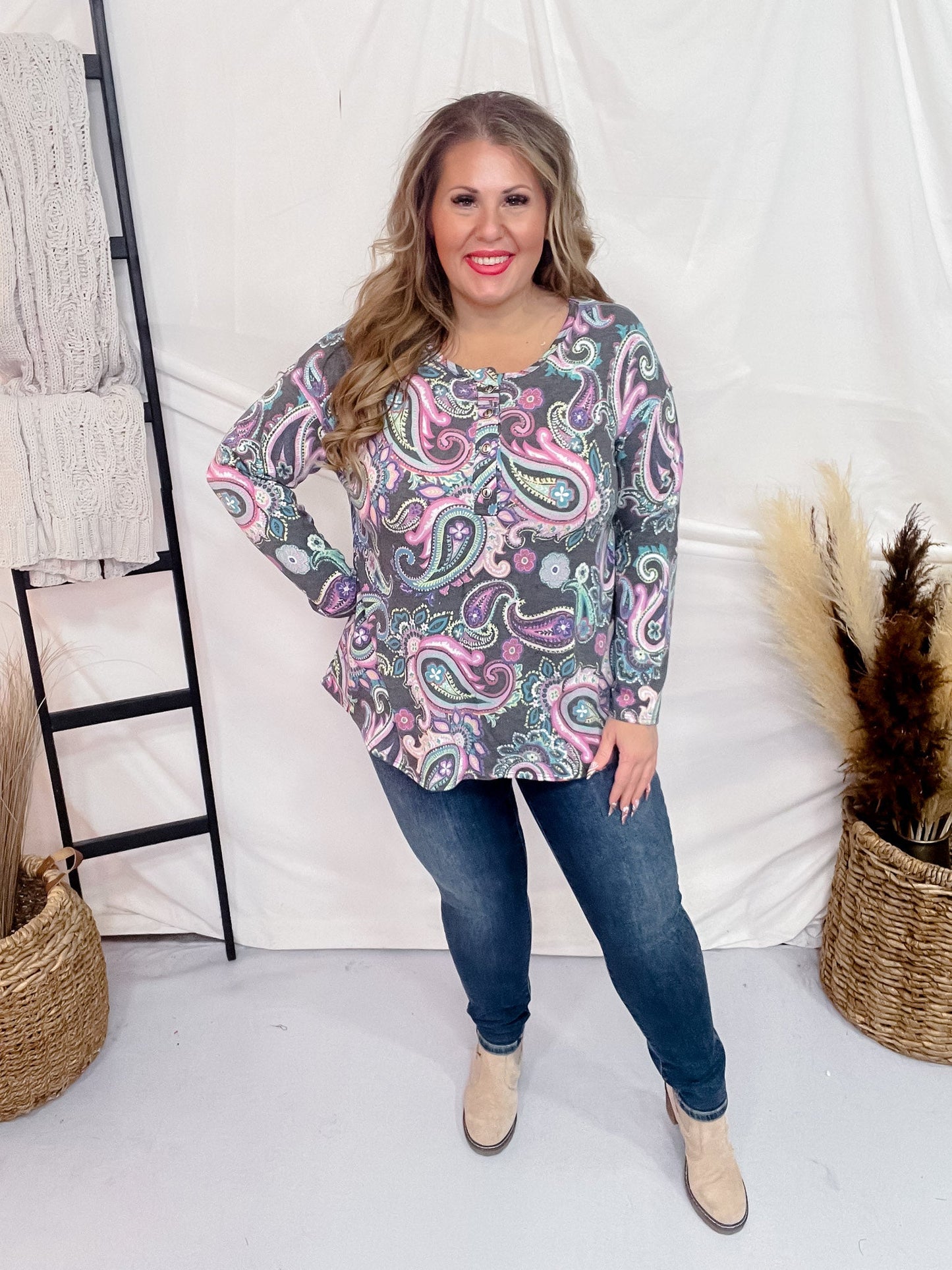 Charcoal Long Sleeve Top with Paisley Print - Whiskey Skies - DEAR SCARLETT