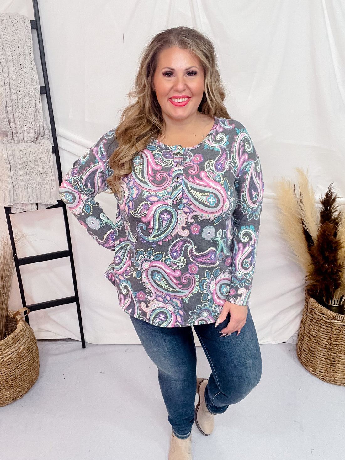 Charcoal Long Sleeve Top with Paisley Print - Whiskey Skies - DEAR SCARLETT