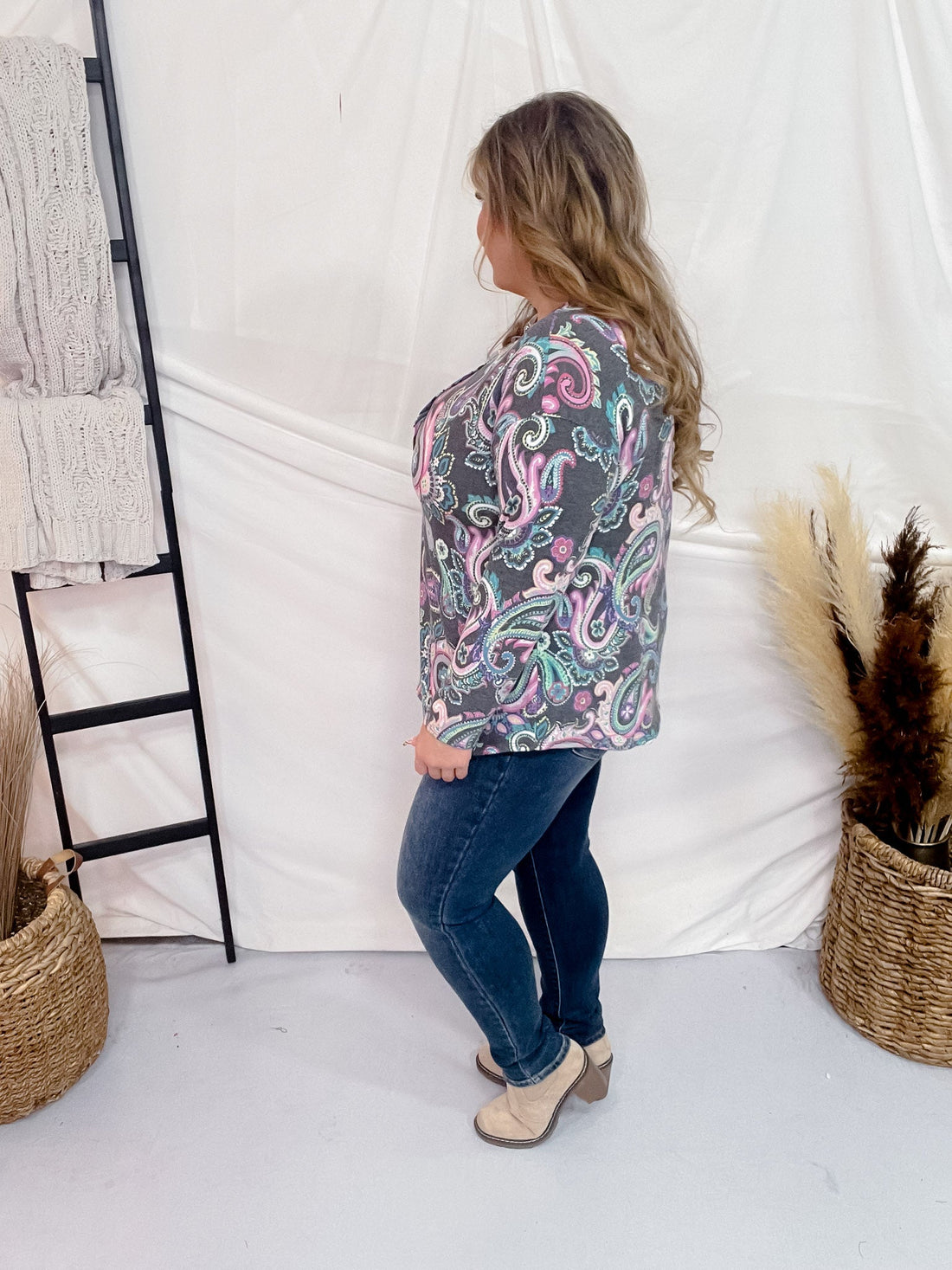 Charcoal Long Sleeve Top with Paisley Print - Whiskey Skies - DEAR SCARLETT