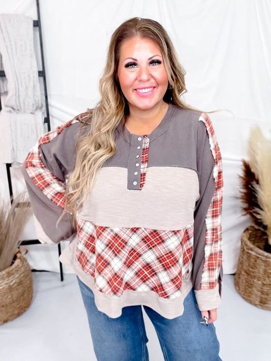 Charcoal Mixed Print Long Sleeve Henley Top - Whiskey Skies - POL CLOTHING INC.