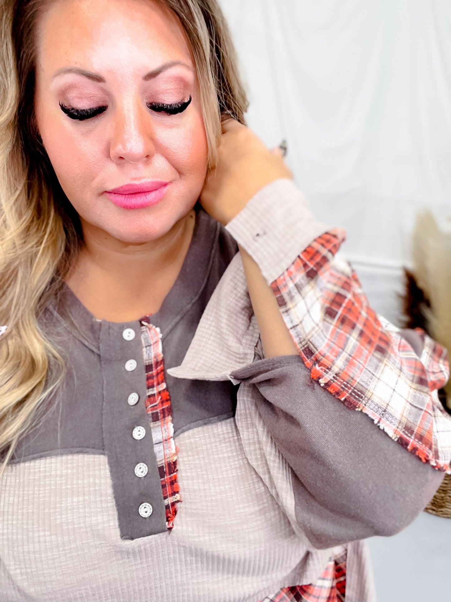 Charcoal Mixed Print Long Sleeve Henley Top - Whiskey Skies - POL CLOTHING INC.