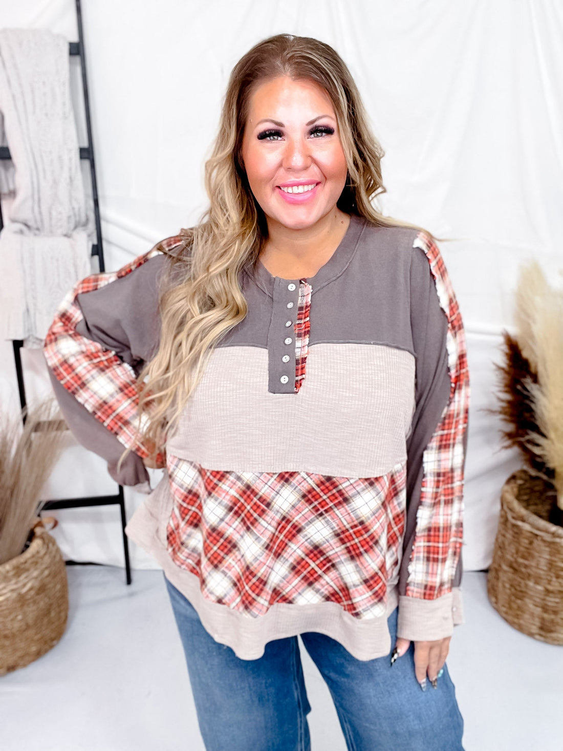 Charcoal Mixed Print Long Sleeve Henley Top - Whiskey Skies - POL CLOTHING INC.