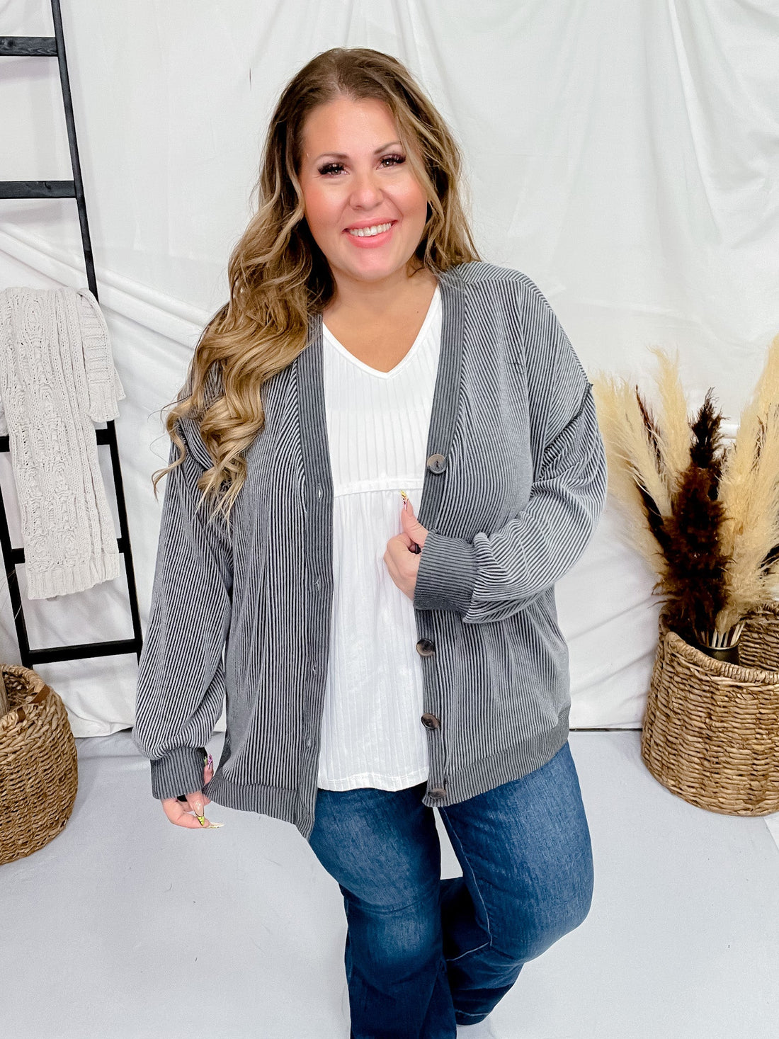 Charcoal Ribbed Button Down Cardigan - Whiskey Skies - STYLIVE