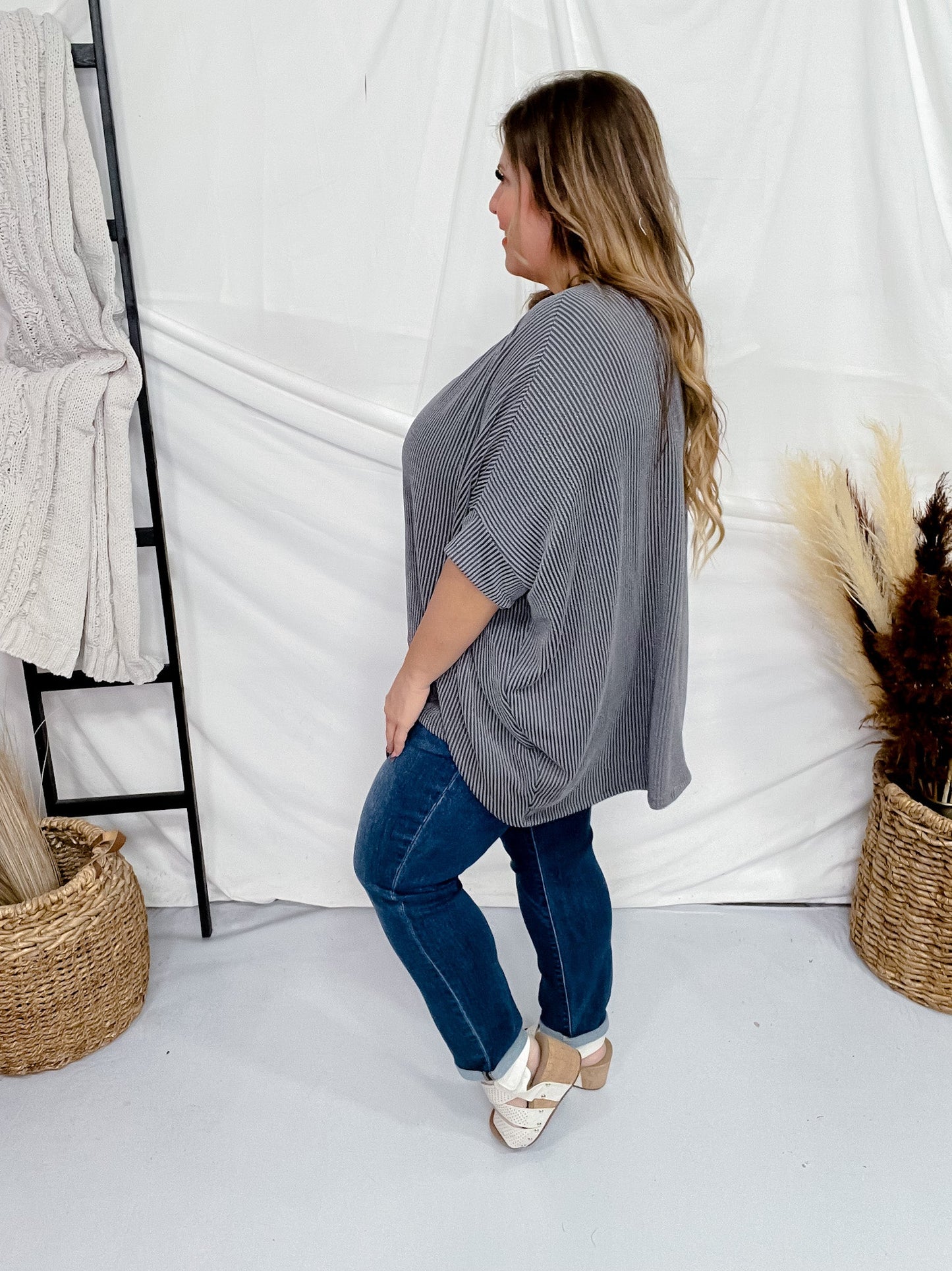 Charcoal Round Neck Ribbed Tunic Top - Whiskey Skies - ANDREE BY UNIT