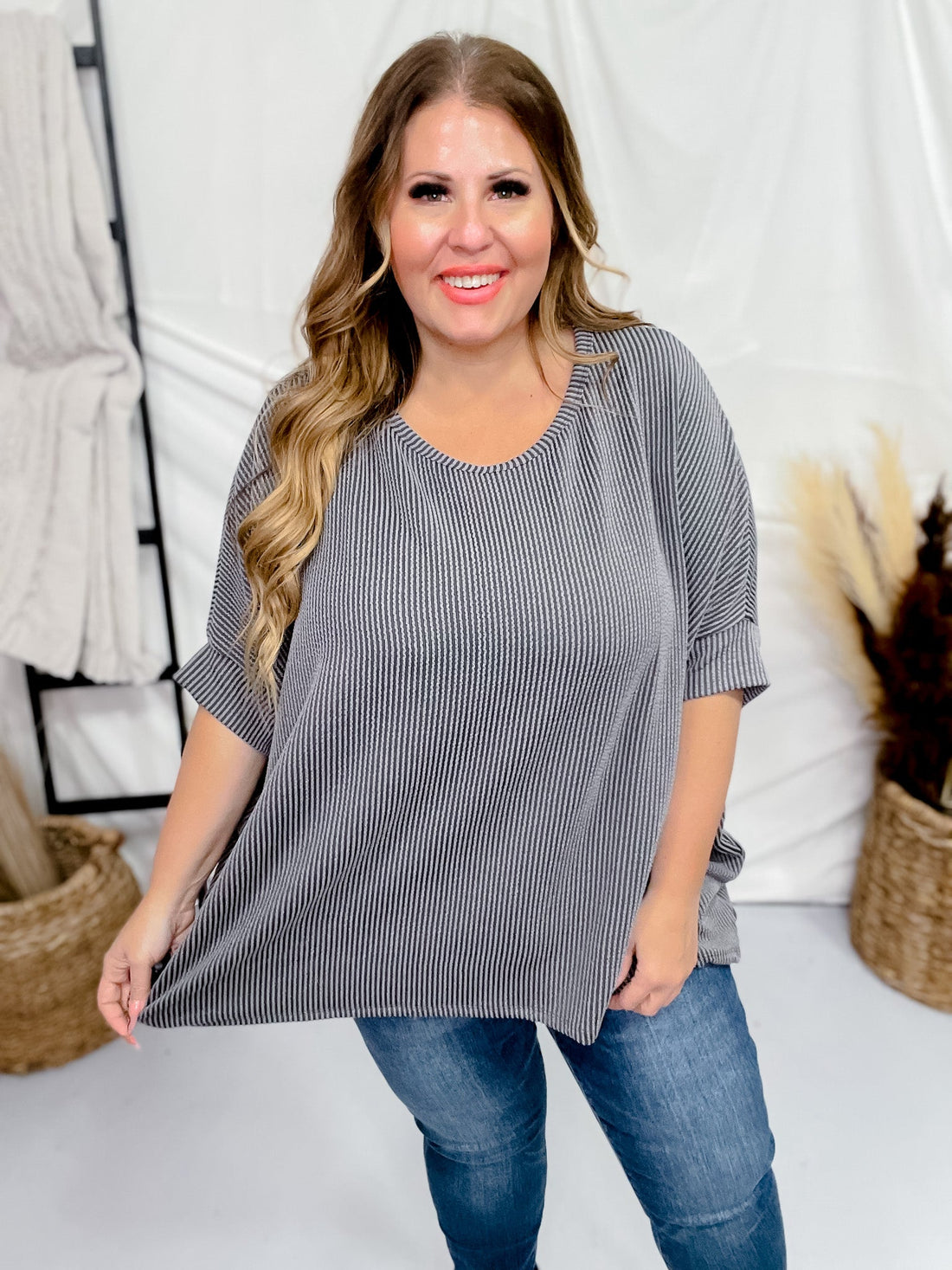 Charcoal Round Neck Ribbed Tunic Top - Whiskey Skies - ANDREE BY UNIT