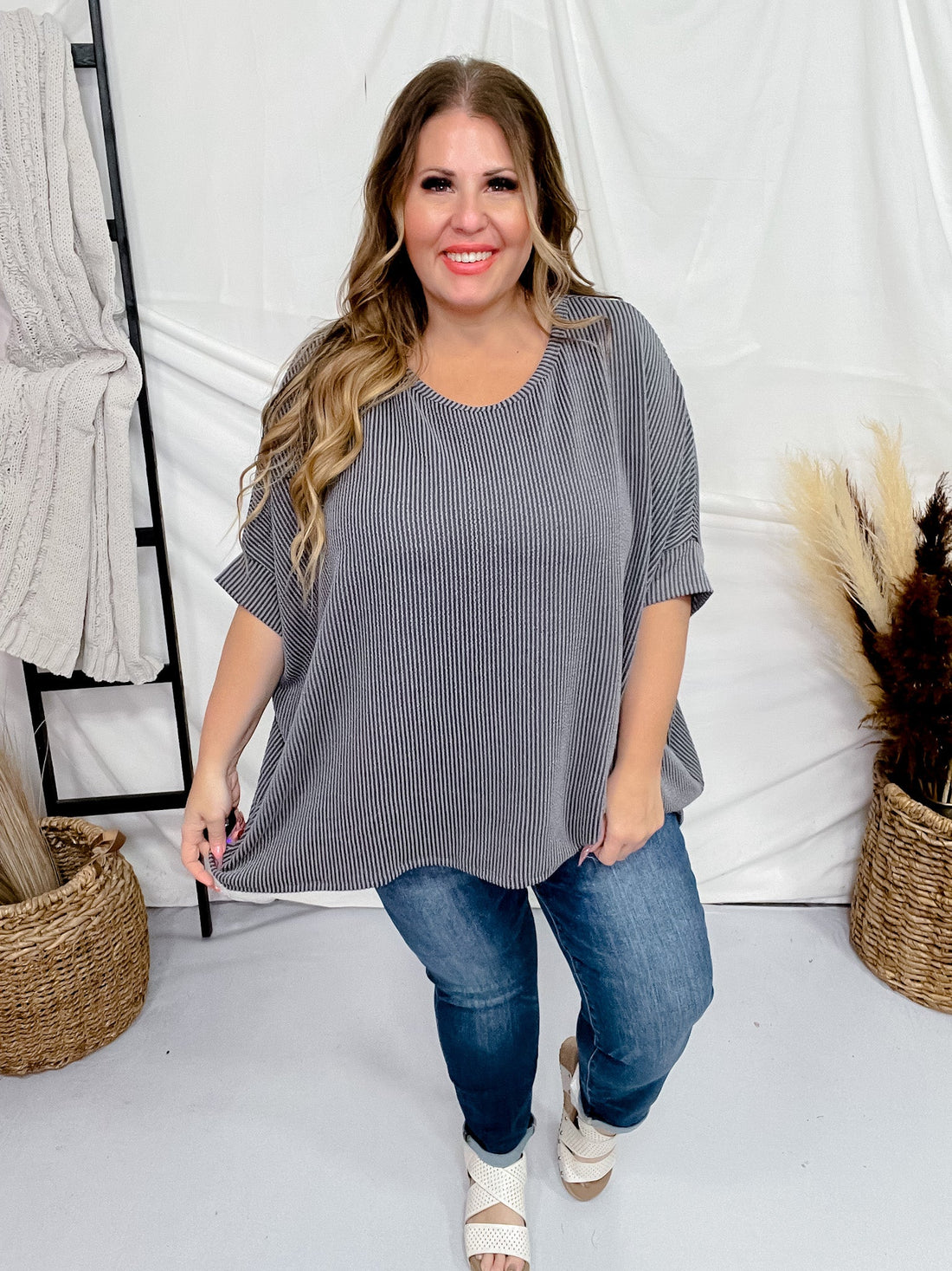 Charcoal Round Neck Ribbed Tunic Top - Whiskey Skies - ANDREE BY UNIT