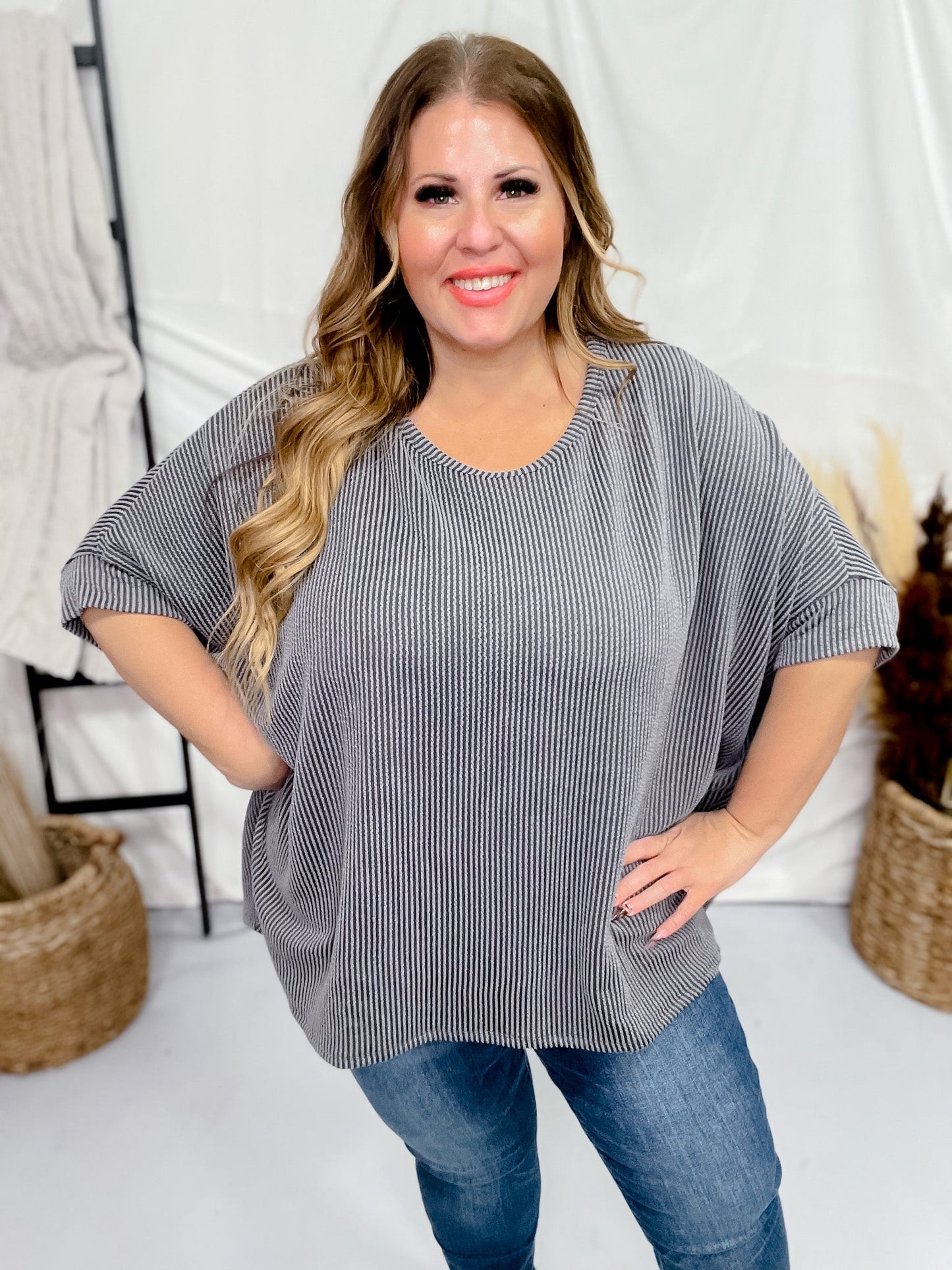 Charcoal Round Neck Ribbed Tunic Top - Whiskey Skies - ANDREE BY UNIT