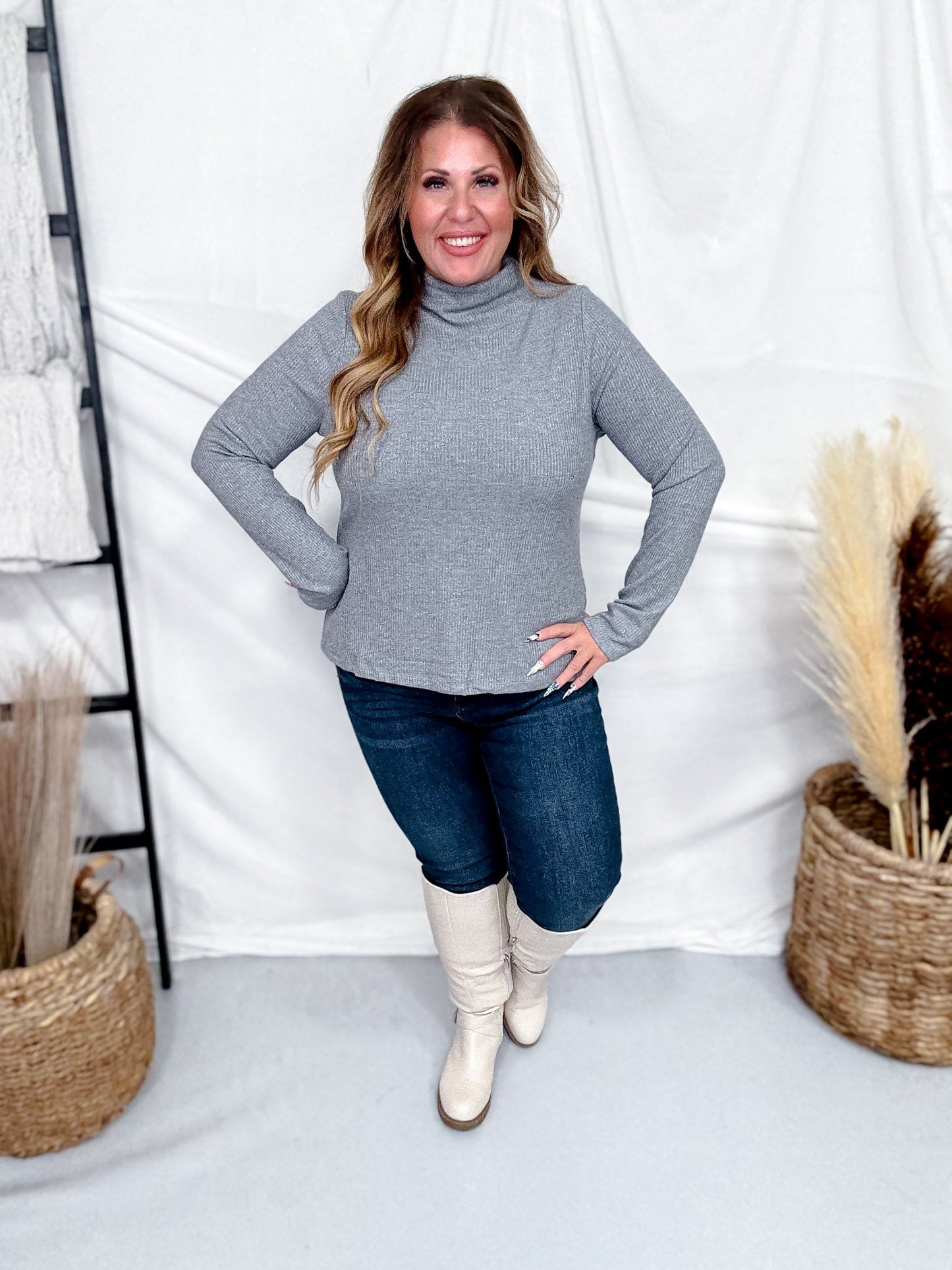 Charcoal Shimmer Mock Neck Sweater With Long Sleeves - Whiskey Skies - ENTRO