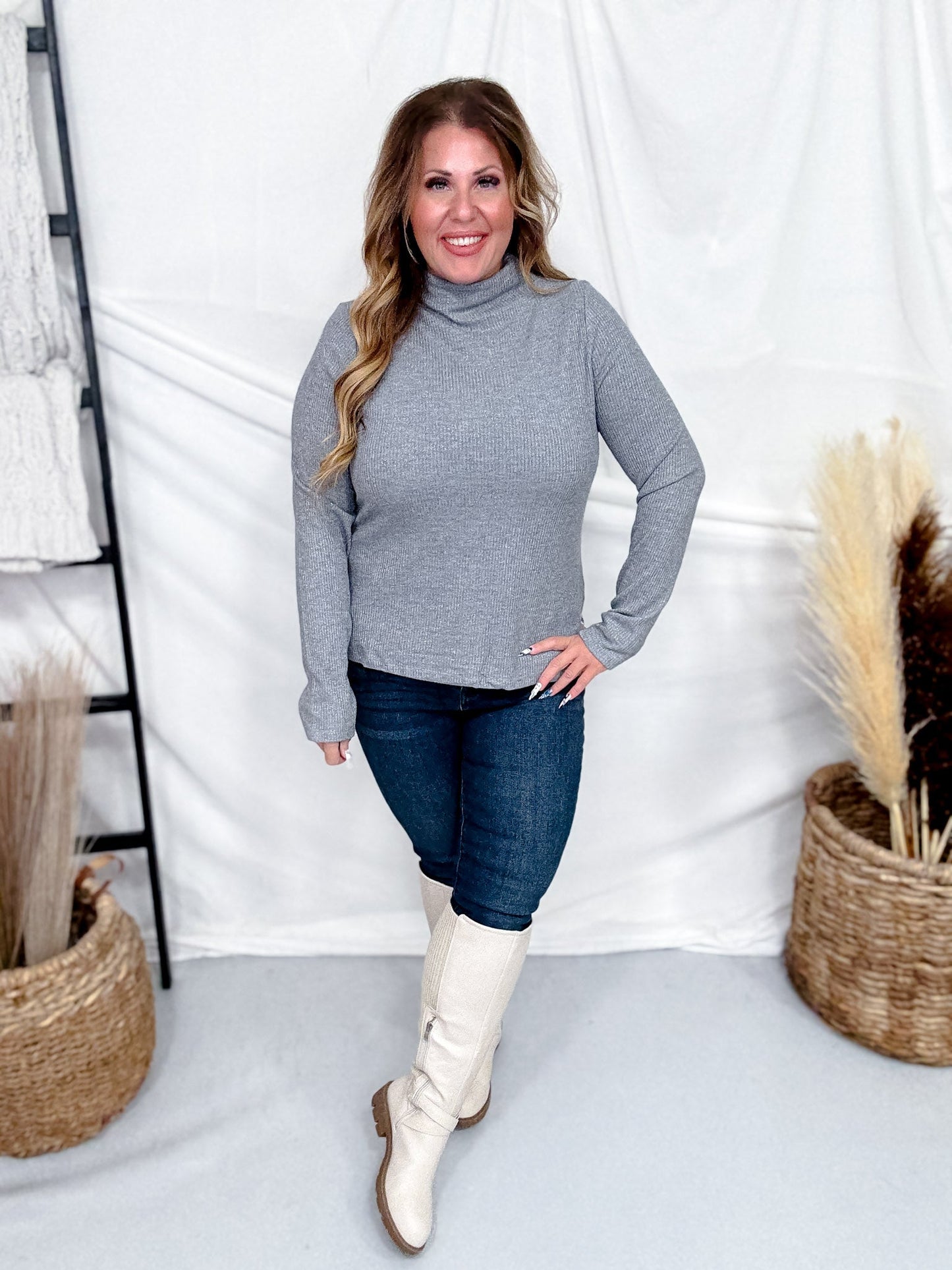 Charcoal Shimmer Mock Neck Sweater With Long Sleeves - Whiskey Skies - ENTRO