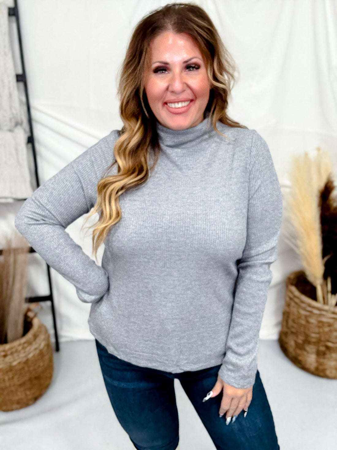 Charcoal Shimmer Mock Neck Sweater With Long Sleeves - Whiskey Skies - ENTRO