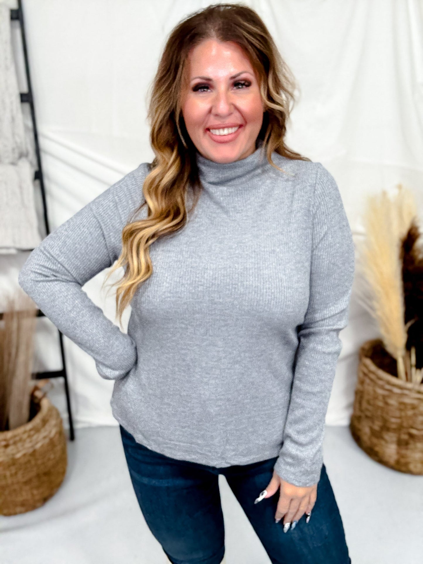 Charcoal Shimmer Mock Neck Sweater With Long Sleeves - Whiskey Skies - ENTRO