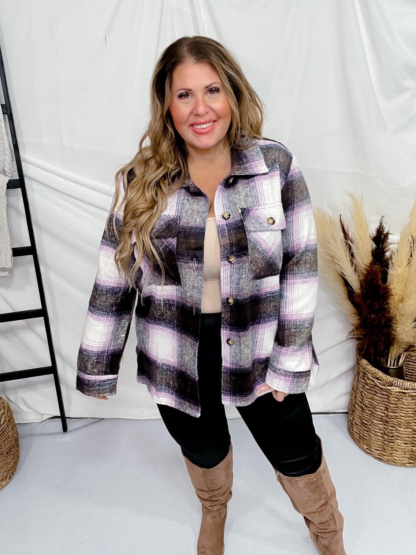 Charcoal & Violet Plaid Buttondown Shacket - Whiskey Skies - UMGEE