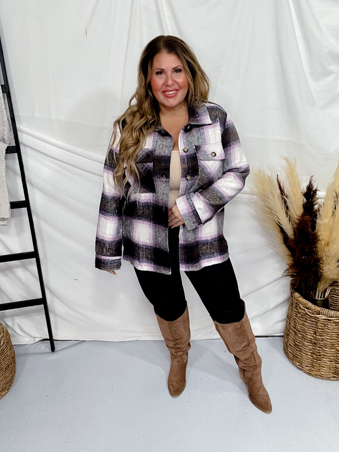 Charcoal & Violet Plaid Buttondown Shacket - Whiskey Skies - UMGEE