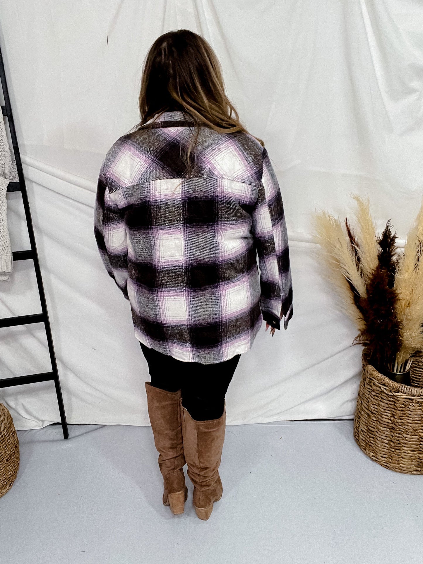 Charcoal & Violet Plaid Buttondown Shacket - Whiskey Skies - UMGEE
