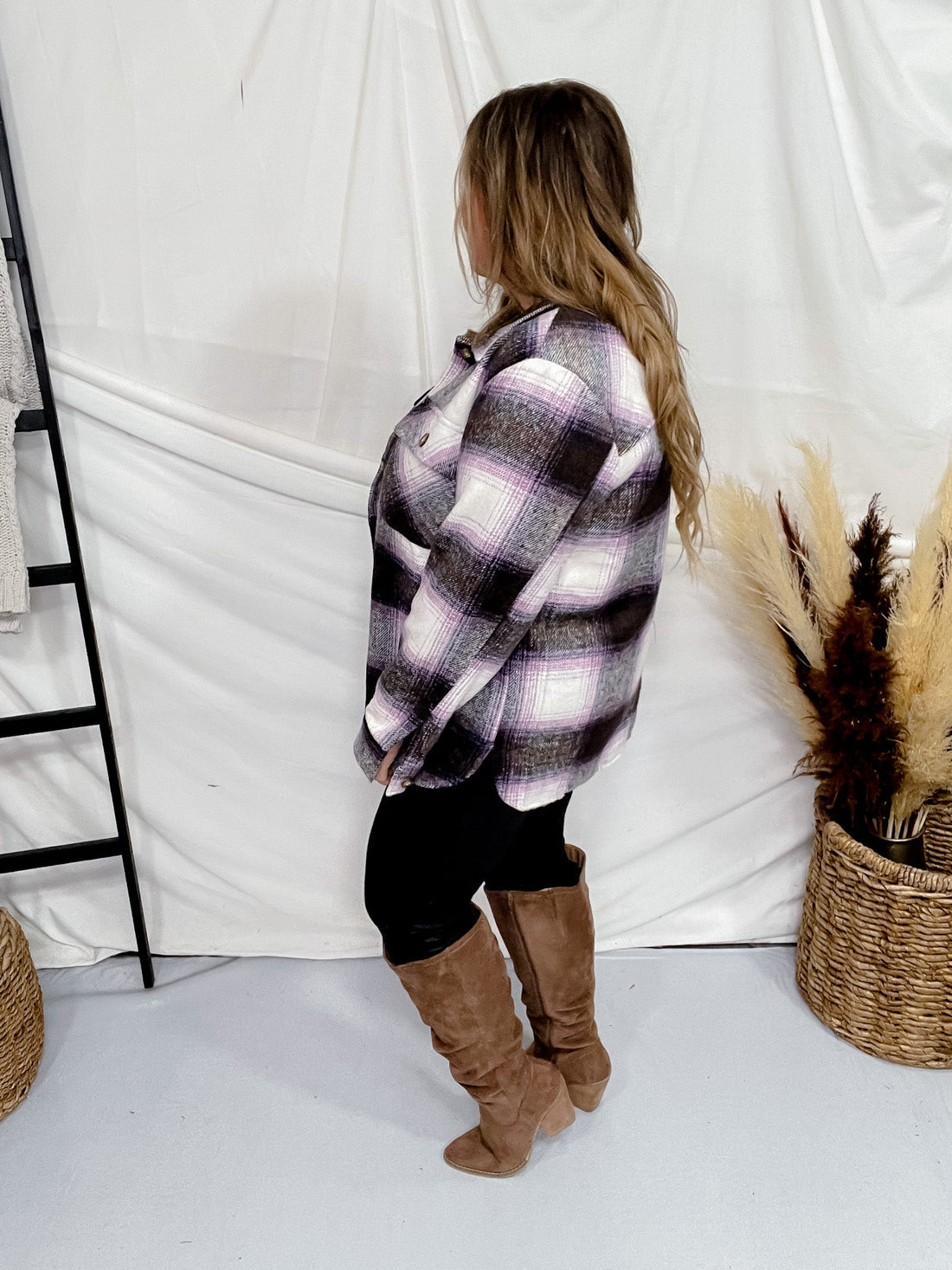 Charcoal & Violet Plaid Buttondown Shacket - Whiskey Skies - UMGEE