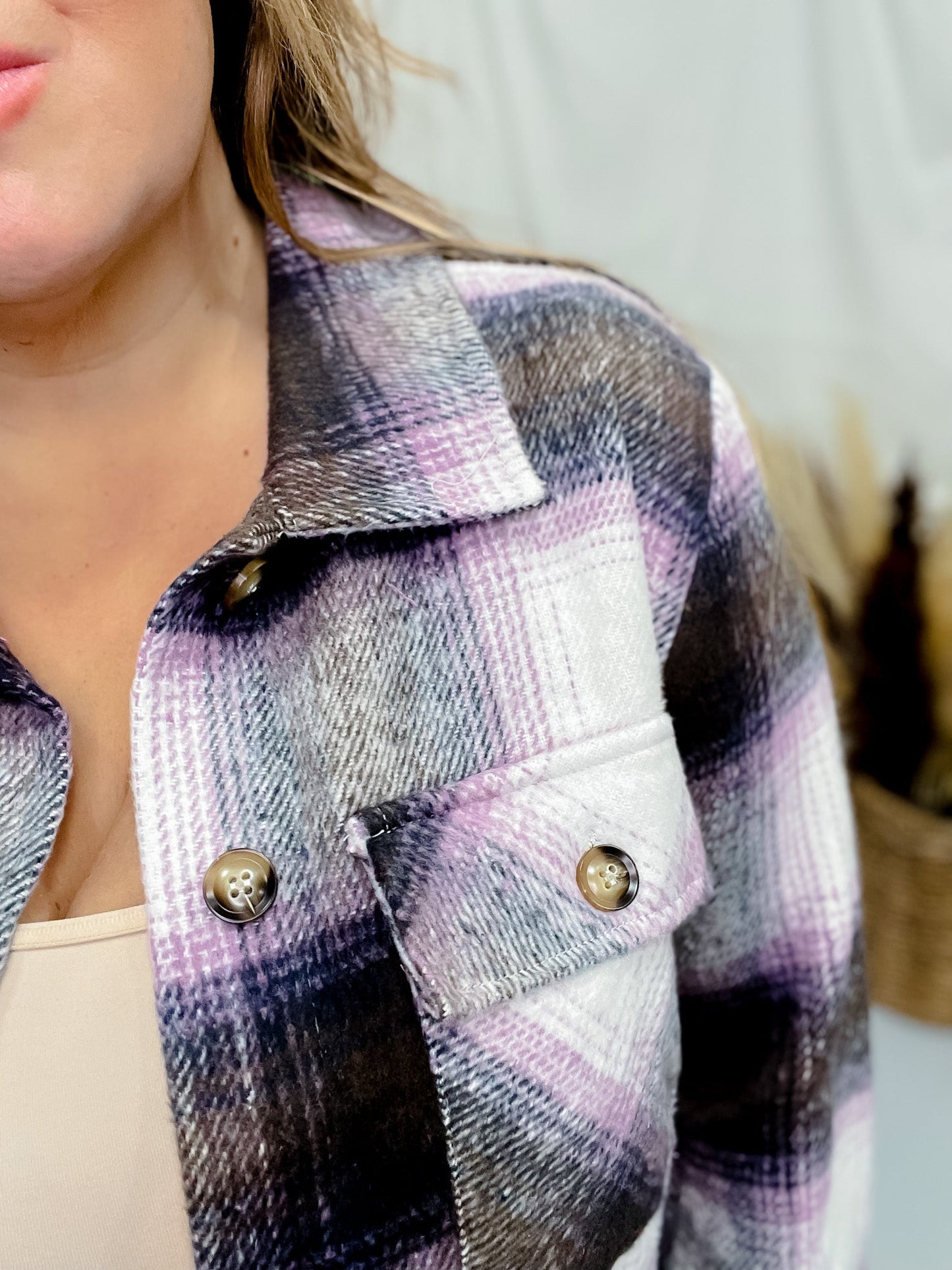 Charcoal & Violet Plaid Buttondown Shacket - Whiskey Skies - UMGEE