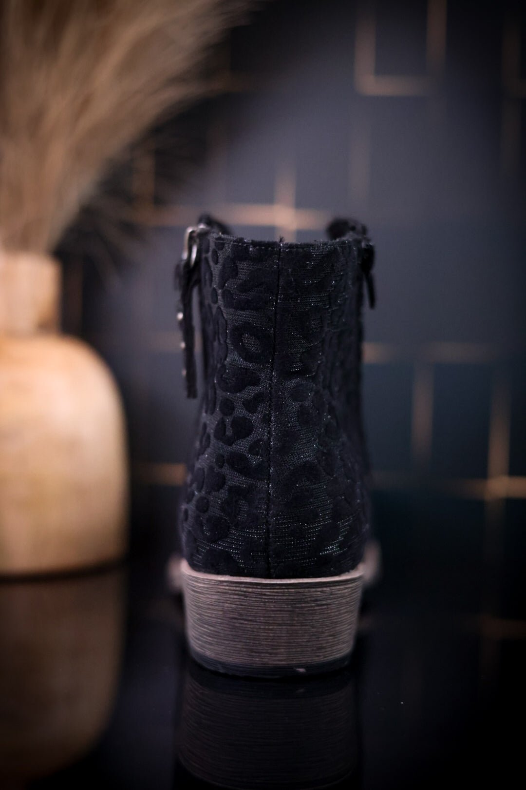 Charming Black Leopard Ankle Booties - Whiskey Skies - VERY G