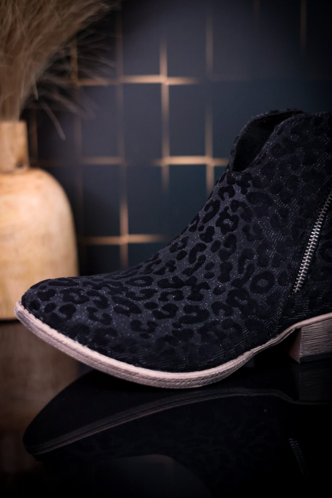 Charming Black Leopard Ankle Booties - Whiskey Skies - VERY G