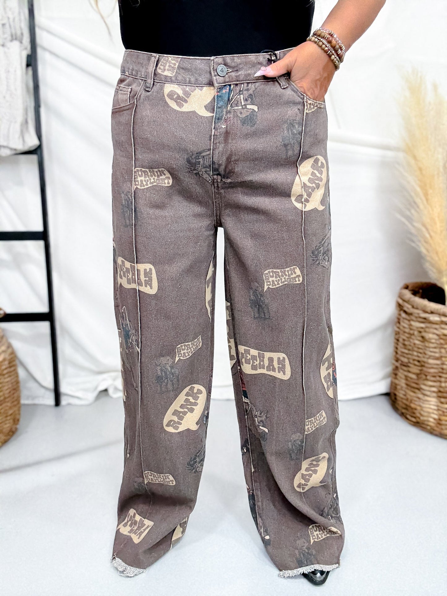 Chatty Cowboy Brown Pleated Denim Pants - Whiskey Skies - 2 FLY CO.