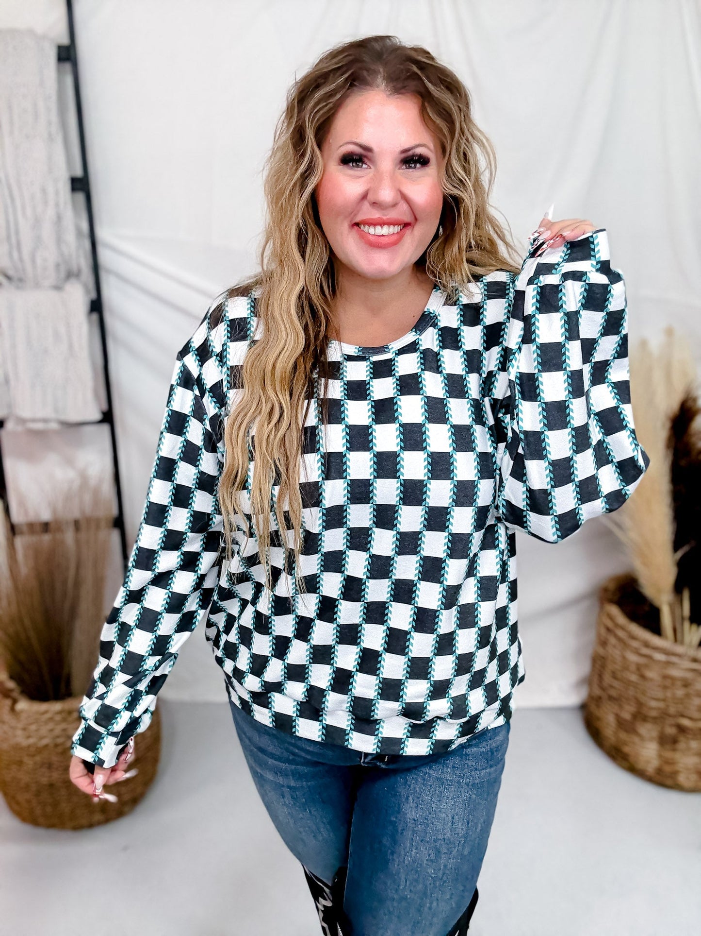 Checked In Long Sleeve Sweater - Whiskey Skies - STERLING KREEK