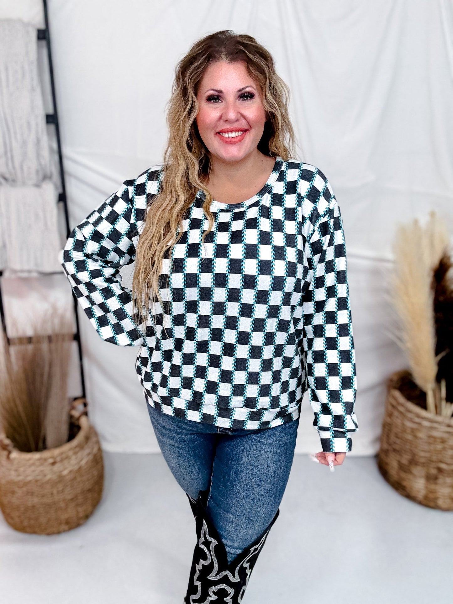 Checked In Long Sleeve Sweater - Whiskey Skies - STERLING KREEK