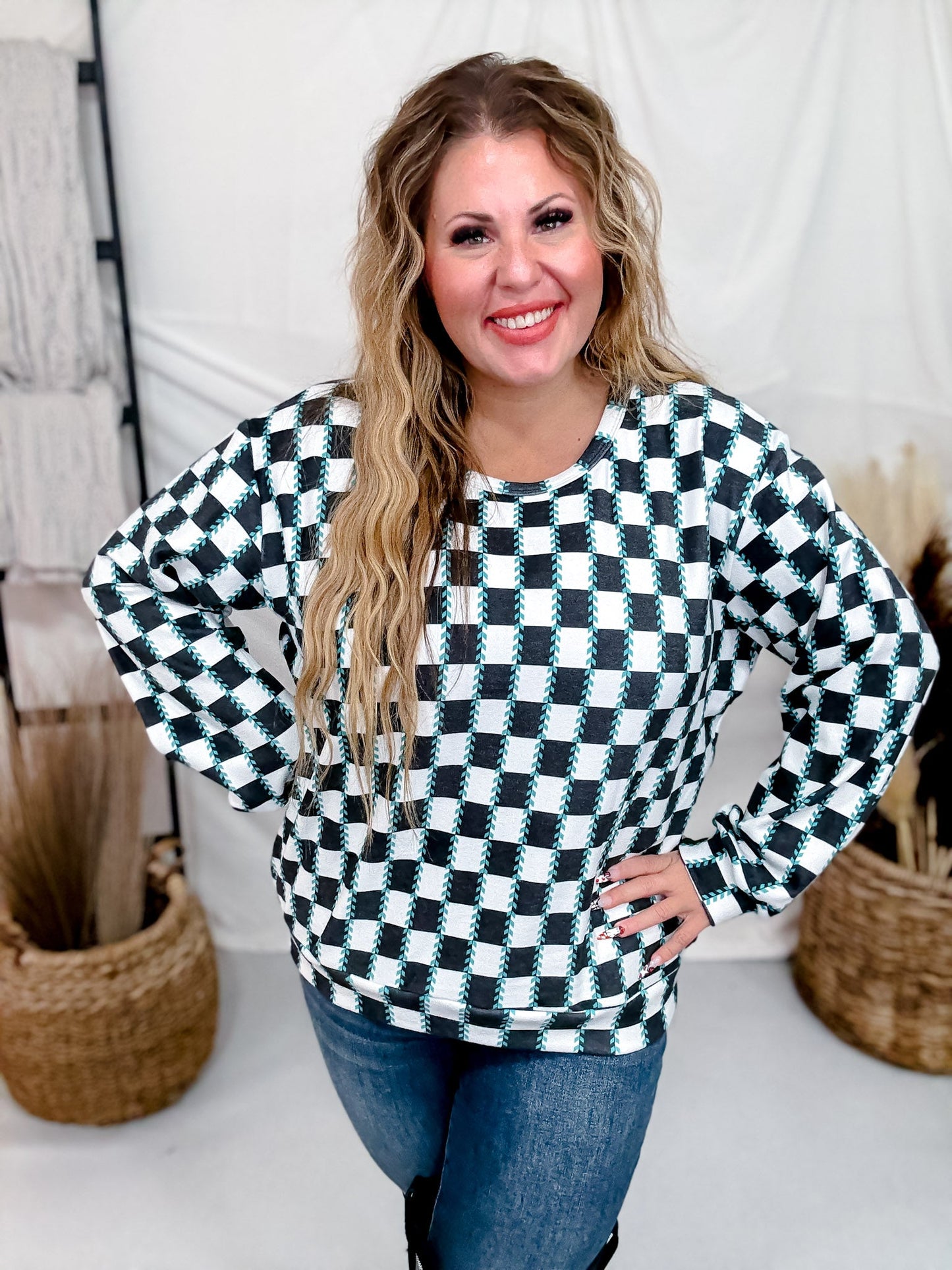 Checked In Long Sleeve Sweater - Whiskey Skies - STERLING KREEK