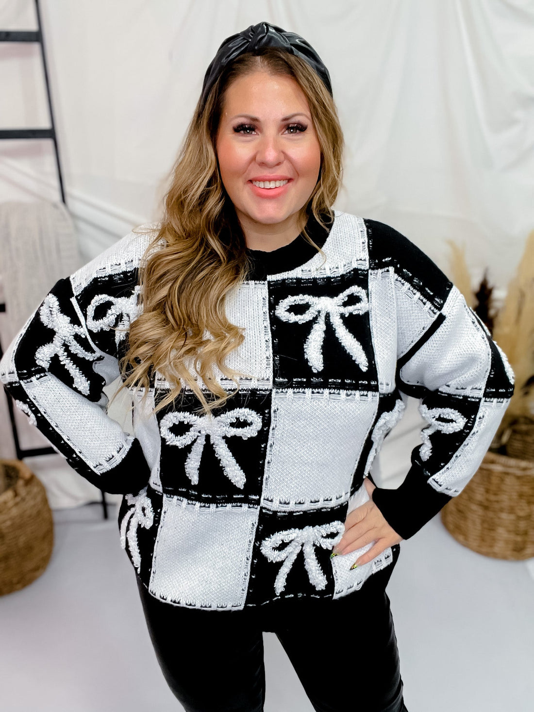 Checker & Bow Embroidered Knit Sweater - Whiskey Skies - GEEGEE