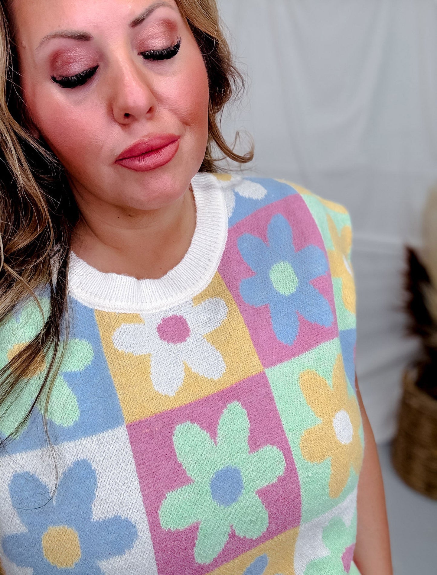 Checker Floral Pattern Sweater Vest - Whiskey Skies - BIBI