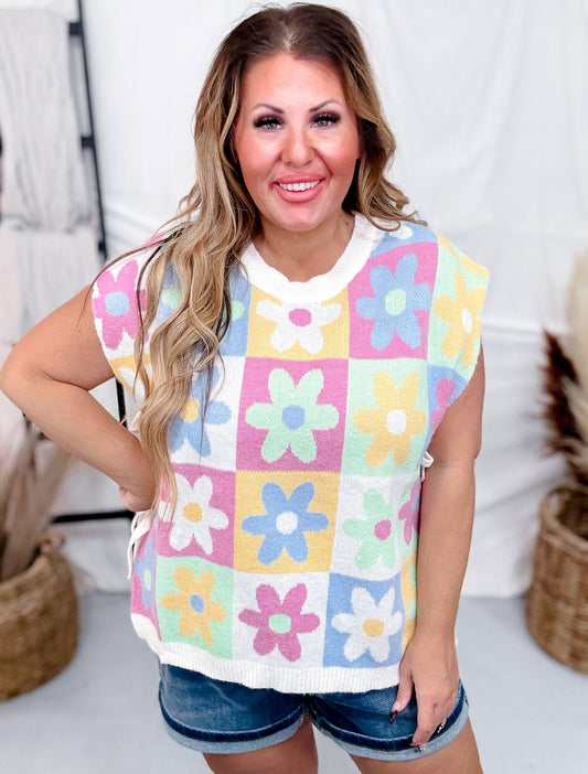 Checker Floral Pattern Sweater Vest - Whiskey Skies - BIBI