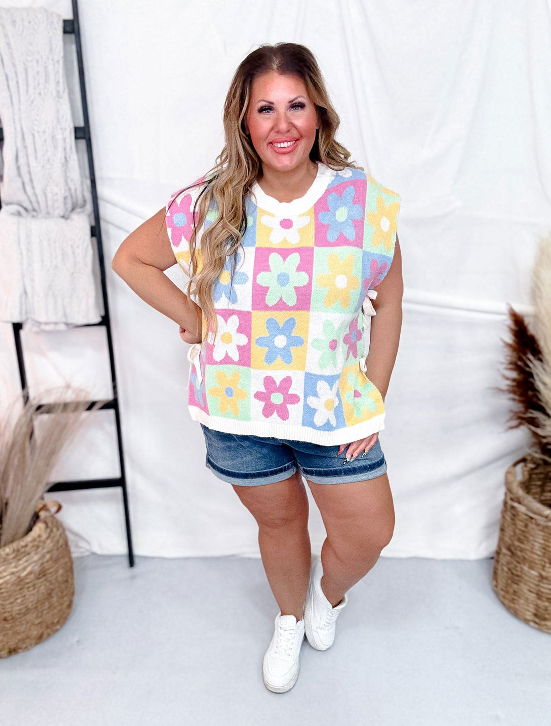 Checker Floral Pattern Sweater Vest - Whiskey Skies - BIBI