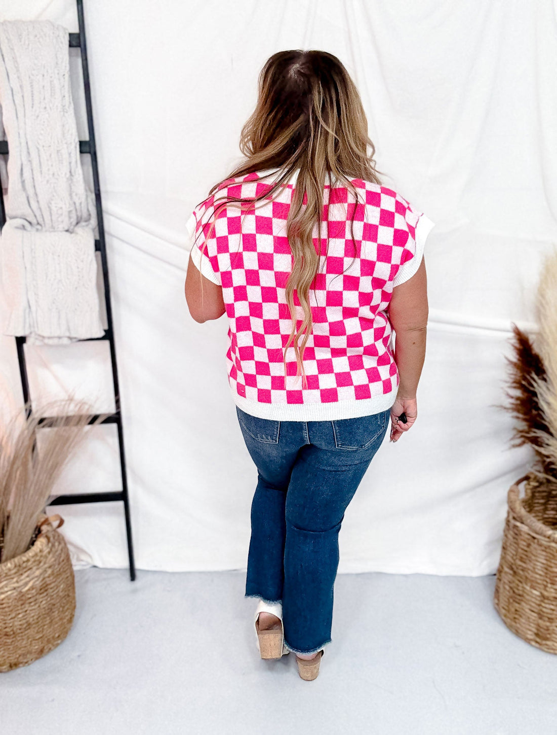 Checker Print Scoop Neck Knit Top - Whiskey Skies - BIBI