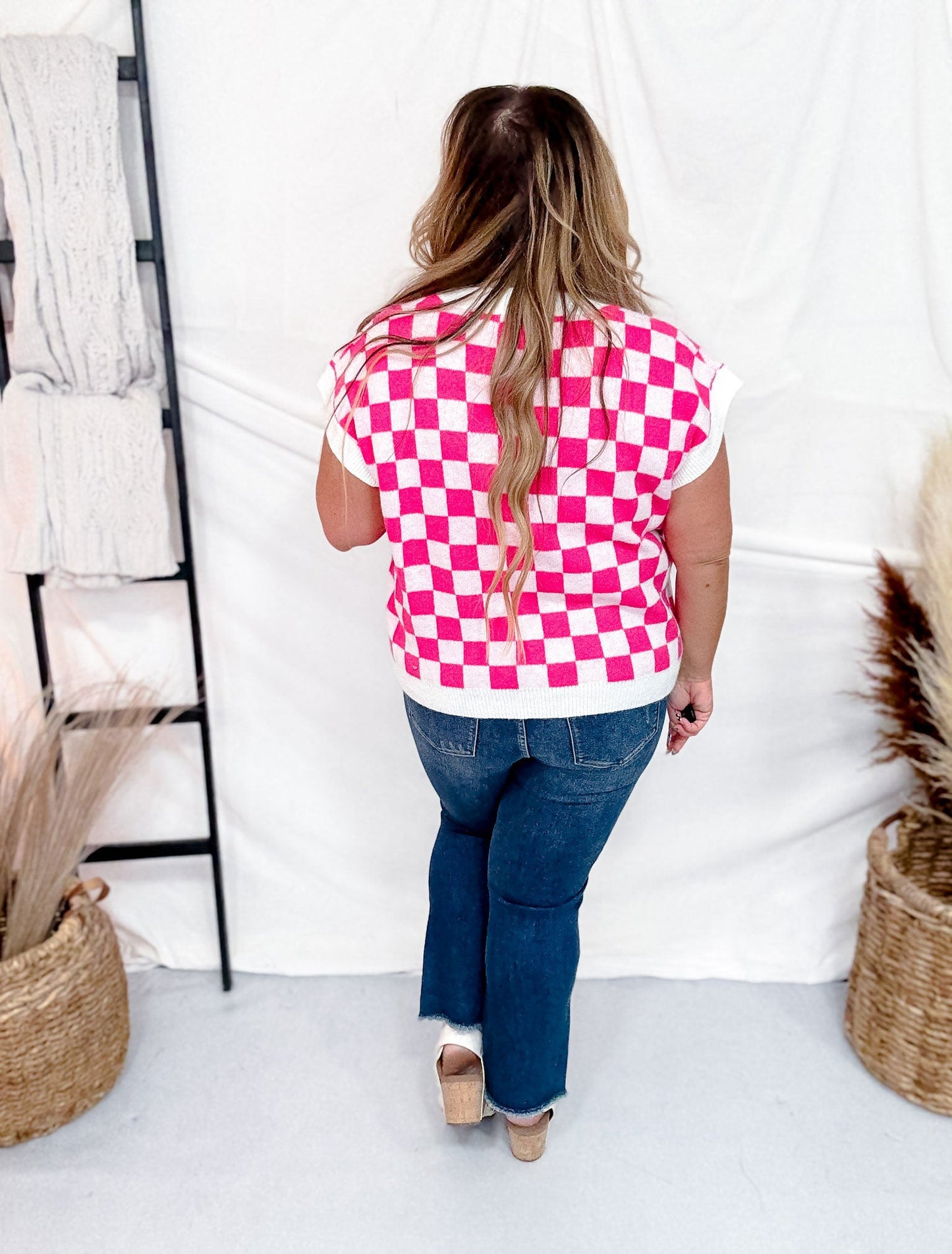 Checker Print Scoop Neck Knit Top - Whiskey Skies - BIBI