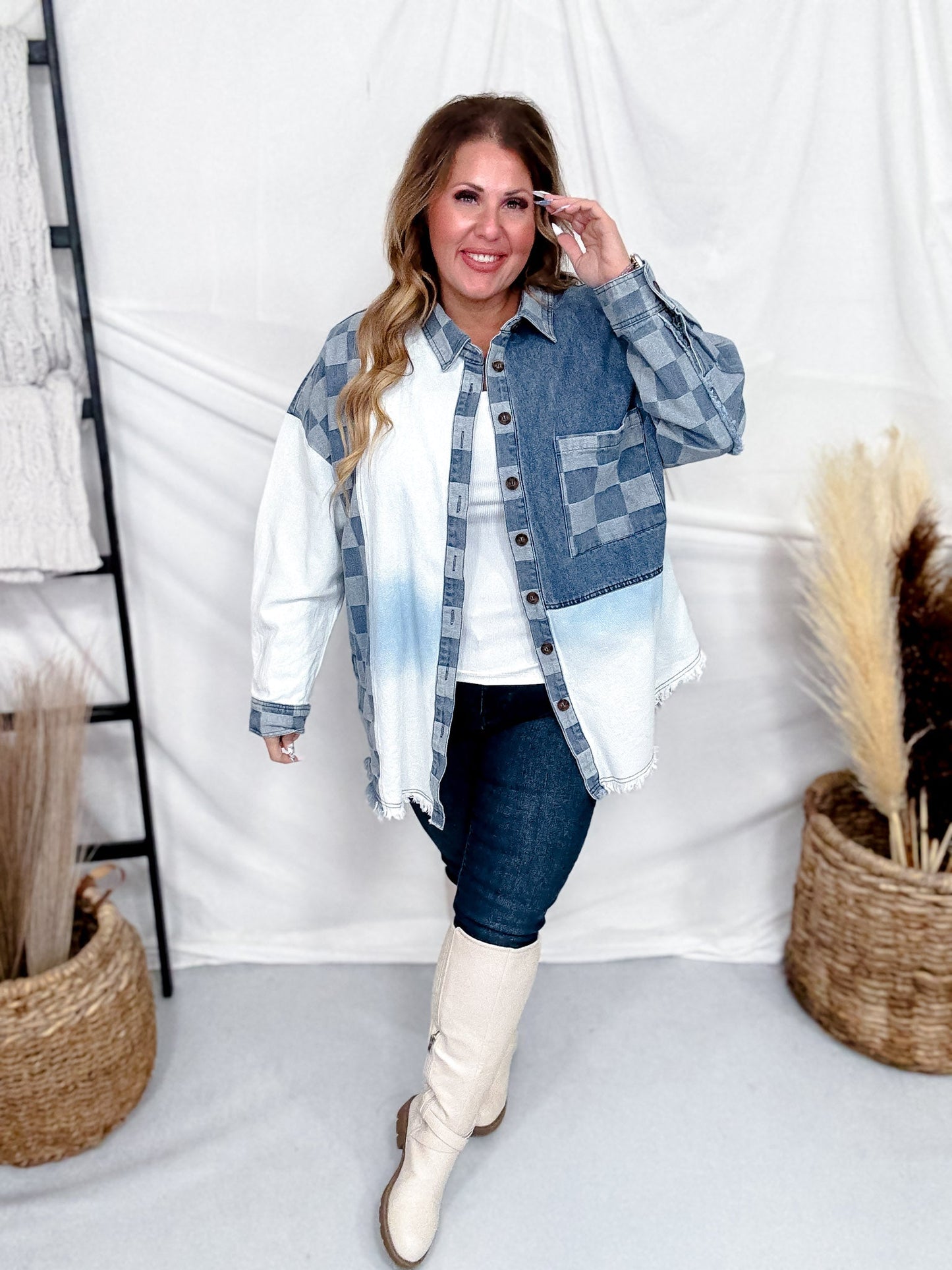 Checkerboard Color Block Denim Button Down Top - Whiskey Skies - BLUEVELVET