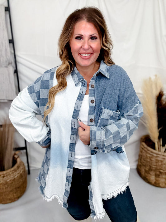 Checkerboard Color Block Denim Button Down Top - Whiskey Skies - BLUEVELVET