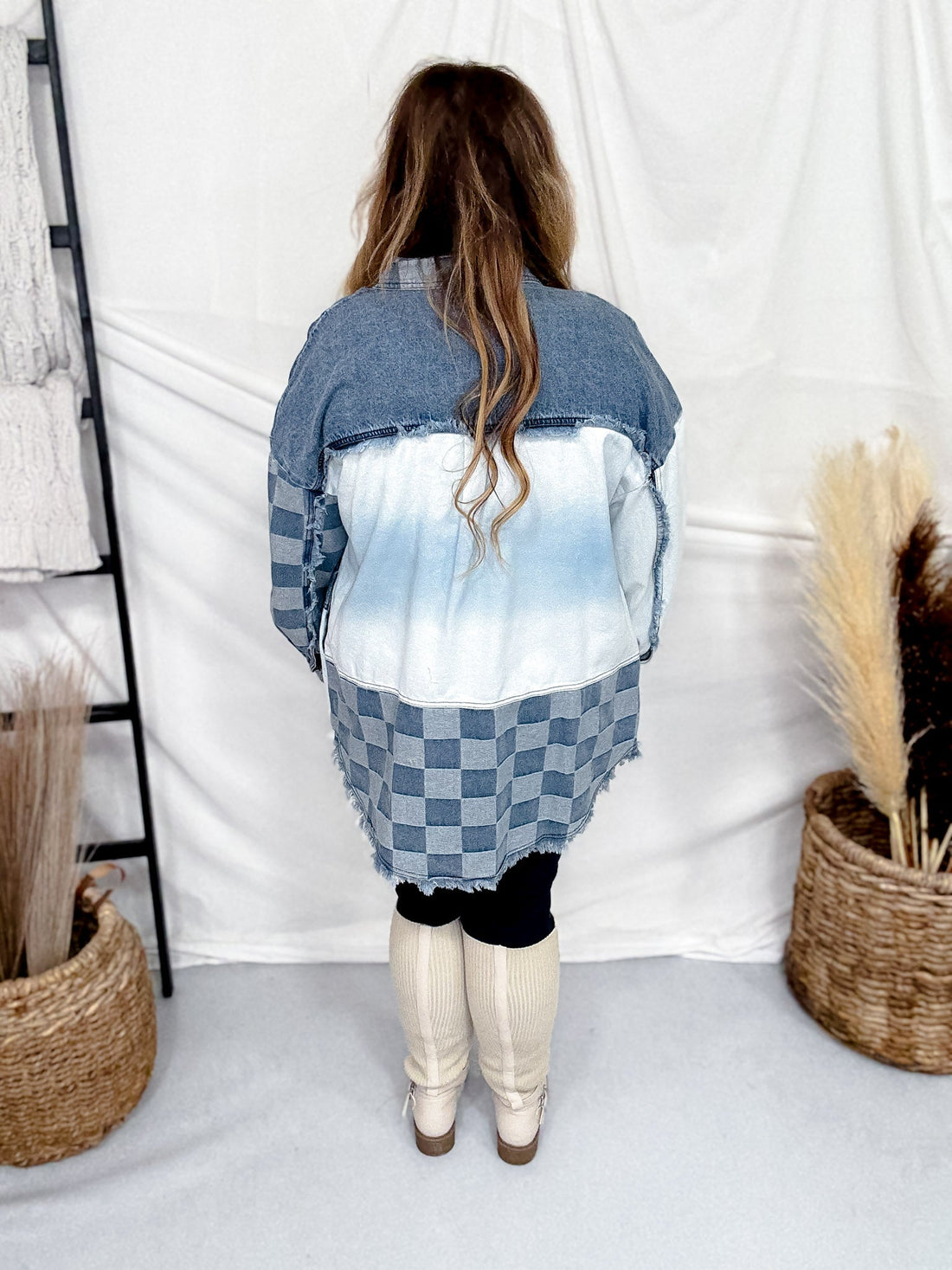 Checkerboard Color Block Denim Button Down Top - Whiskey Skies - BLUEVELVET