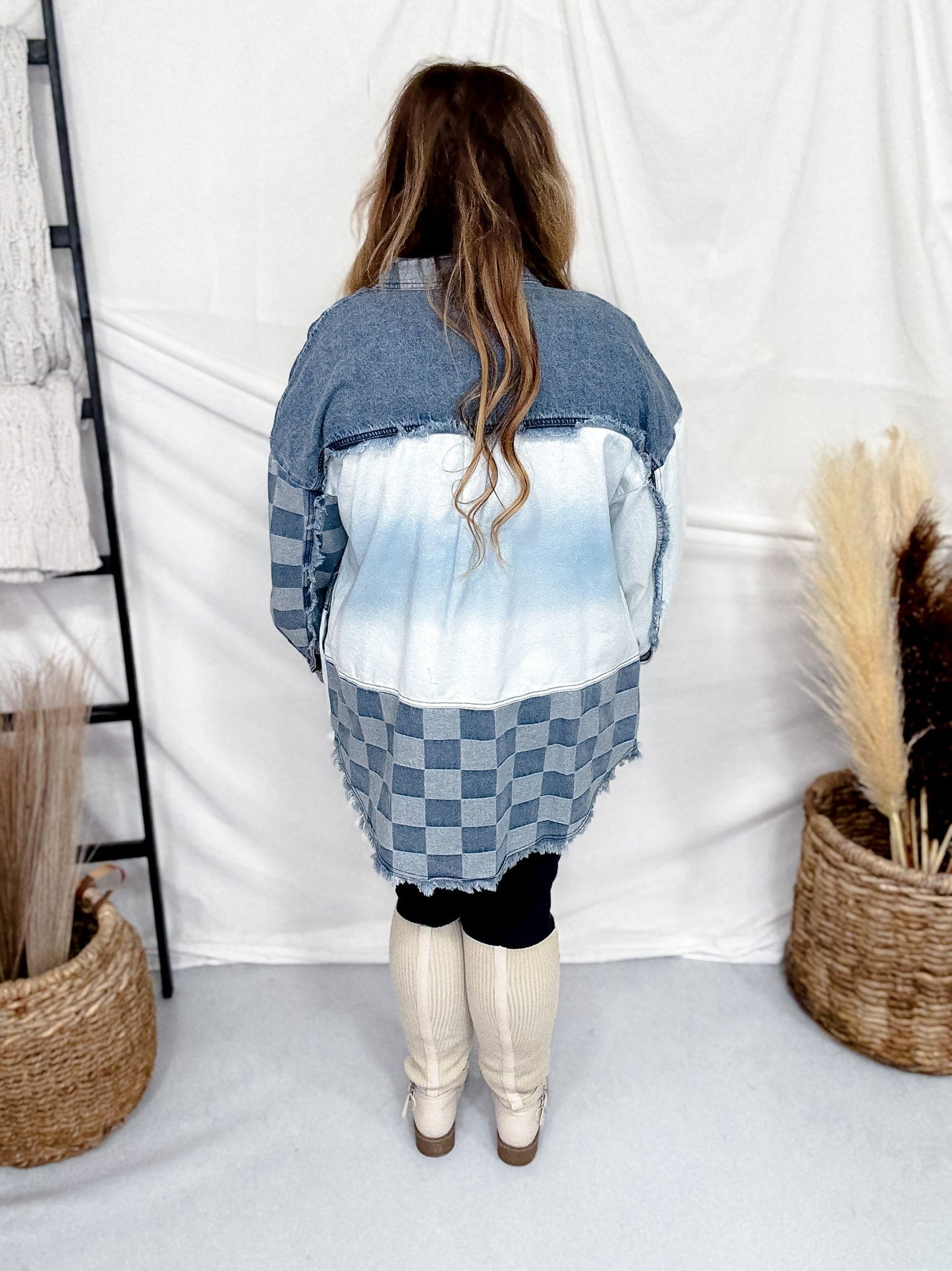 Checkerboard Color Block Denim Button Down Top - Whiskey Skies - BLUEVELVET