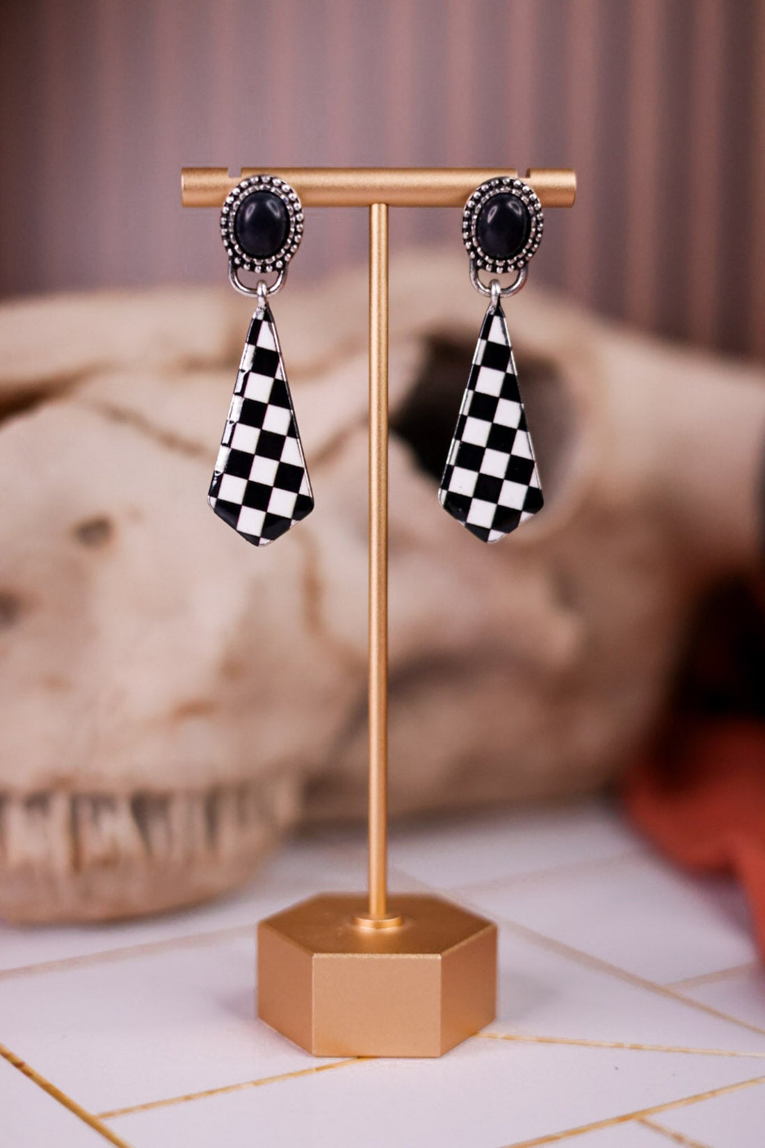 Checkerboard Drop Earrings With Black Concho Accent - Whiskey Skies - BOHO RANCH SHOP