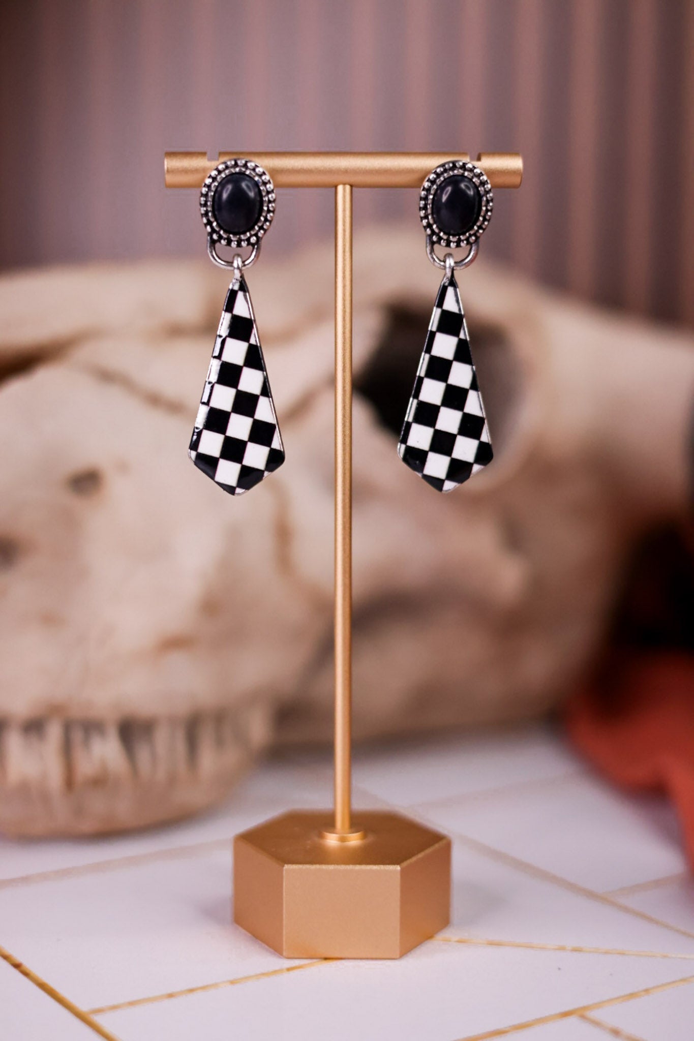 Checkerboard Drop Earrings With Black Concho Accent - Whiskey Skies - BOHO RANCH SHOP