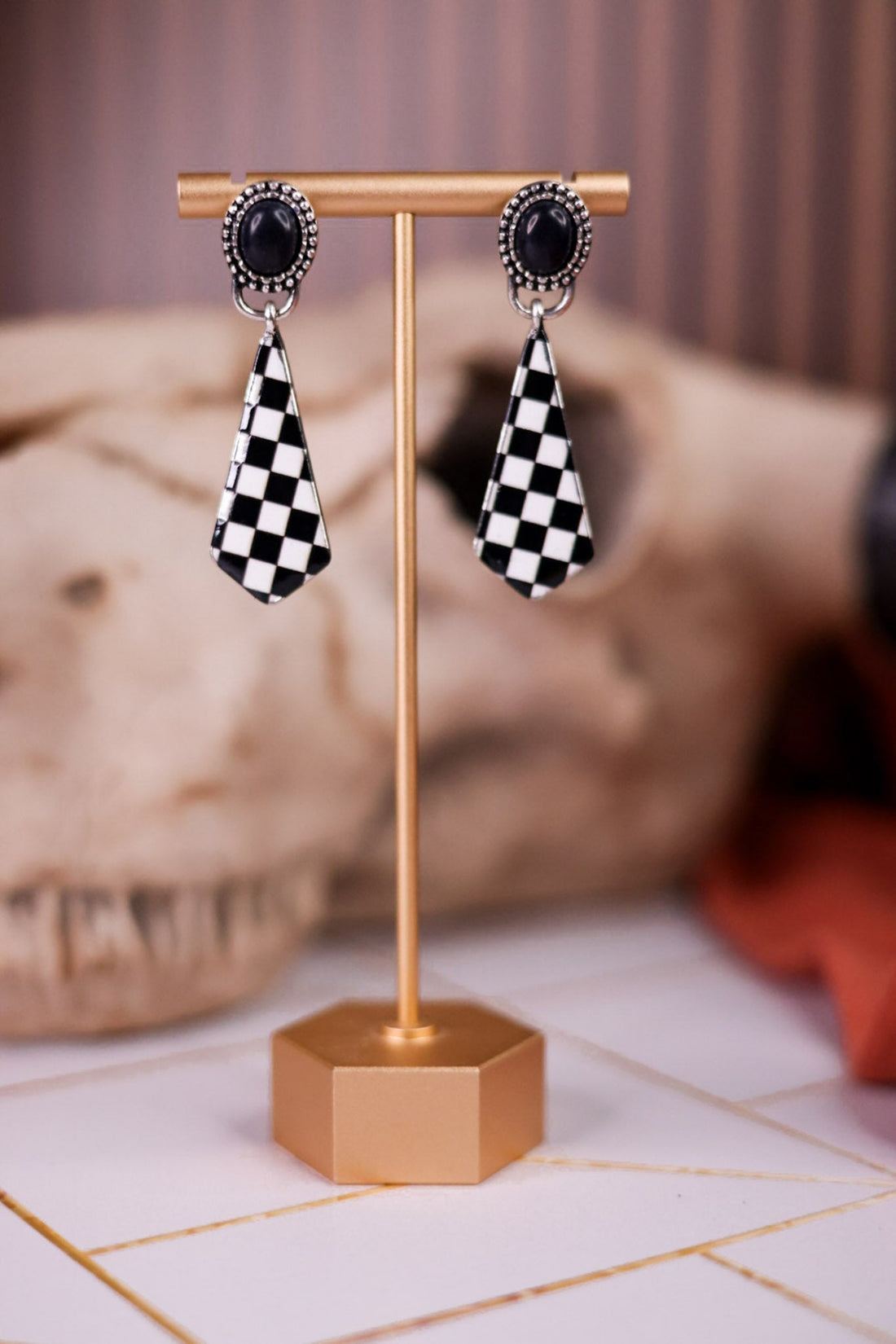 Checkerboard Drop Earrings With Black Concho Accent - Whiskey Skies - BOHO RANCH SHOP