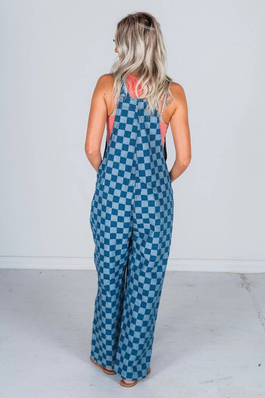 Checkered Acid Washed Denim Overalls with Smiley Patch - Whiskey Skies - ODDI