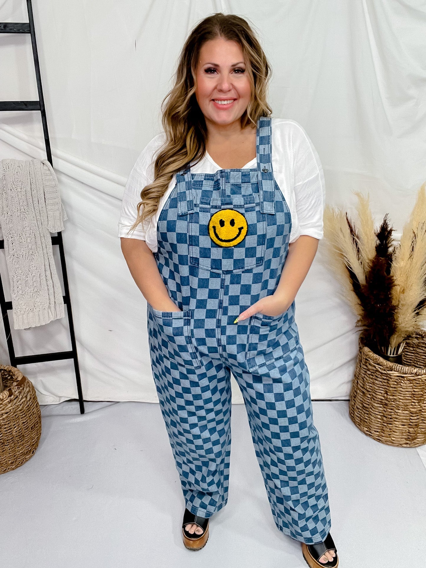 Checkered Acid Washed Denim Overalls with Smiley Patch - Whiskey Skies - ODDI