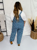 Checkered Acid Washed Denim Overalls with Smiley Patch - Whiskey Skies - ODDI