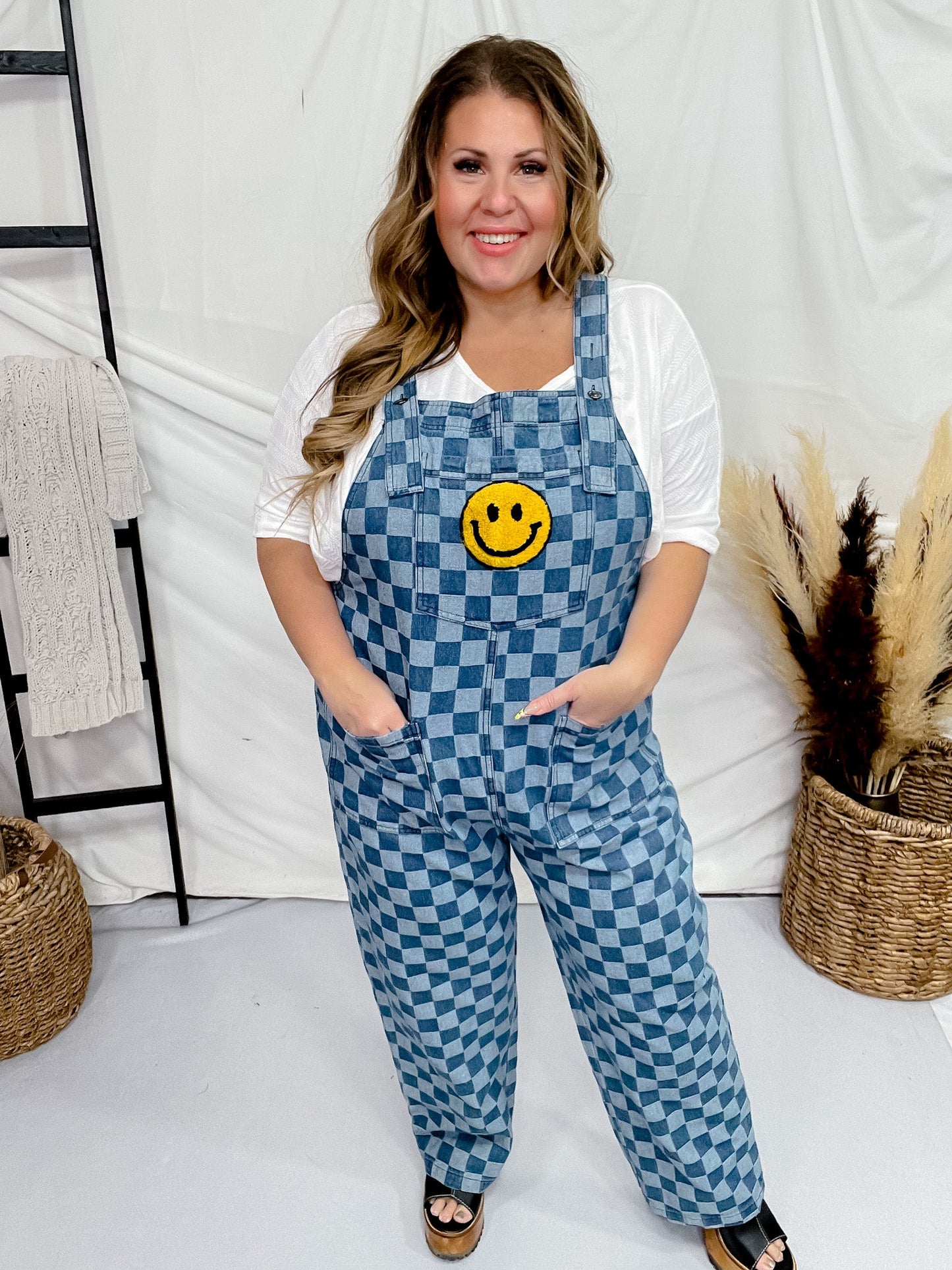 Checkered Acid Washed Denim Overalls with Smiley Patch - Whiskey Skies - ODDI
