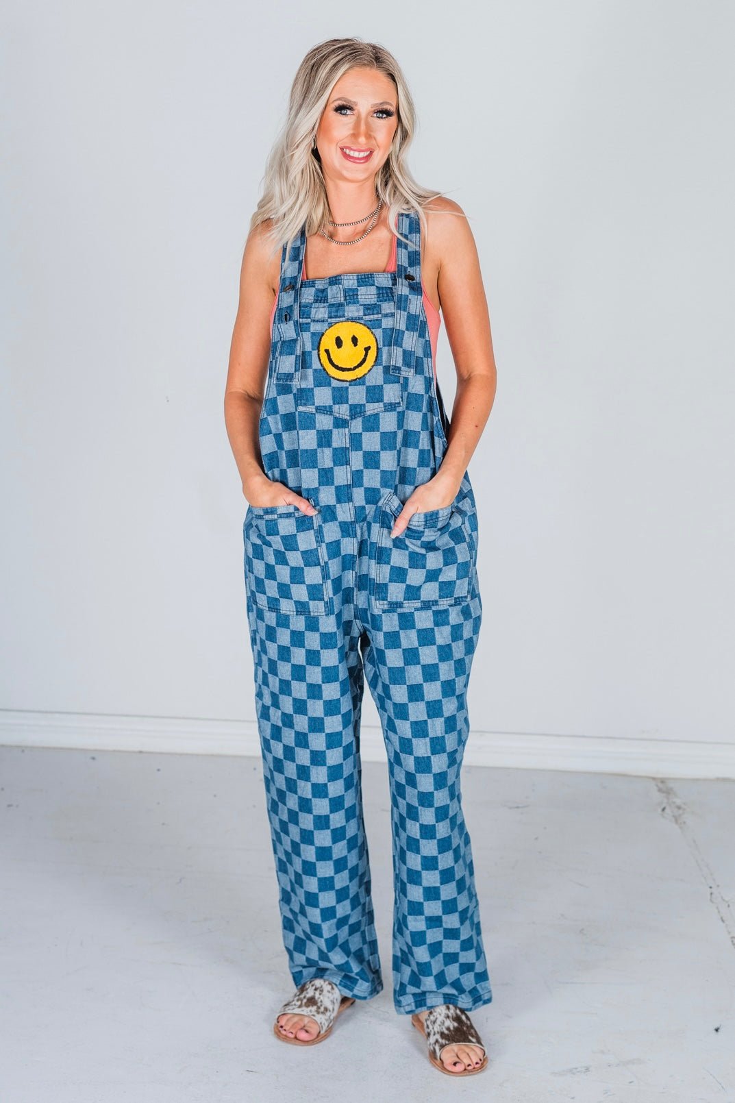 Checkered Acid Washed Denim Overalls with Smiley Patch - Whiskey Skies - ODDI