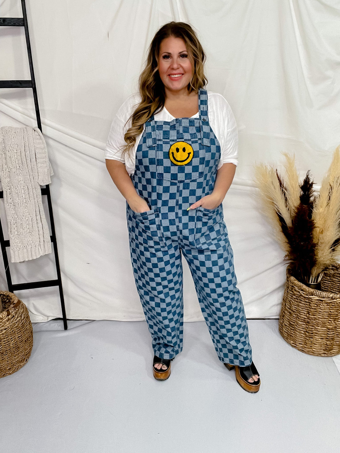 Checkered Acid Washed Denim Overalls with Smiley Patch - Whiskey Skies - ODDI