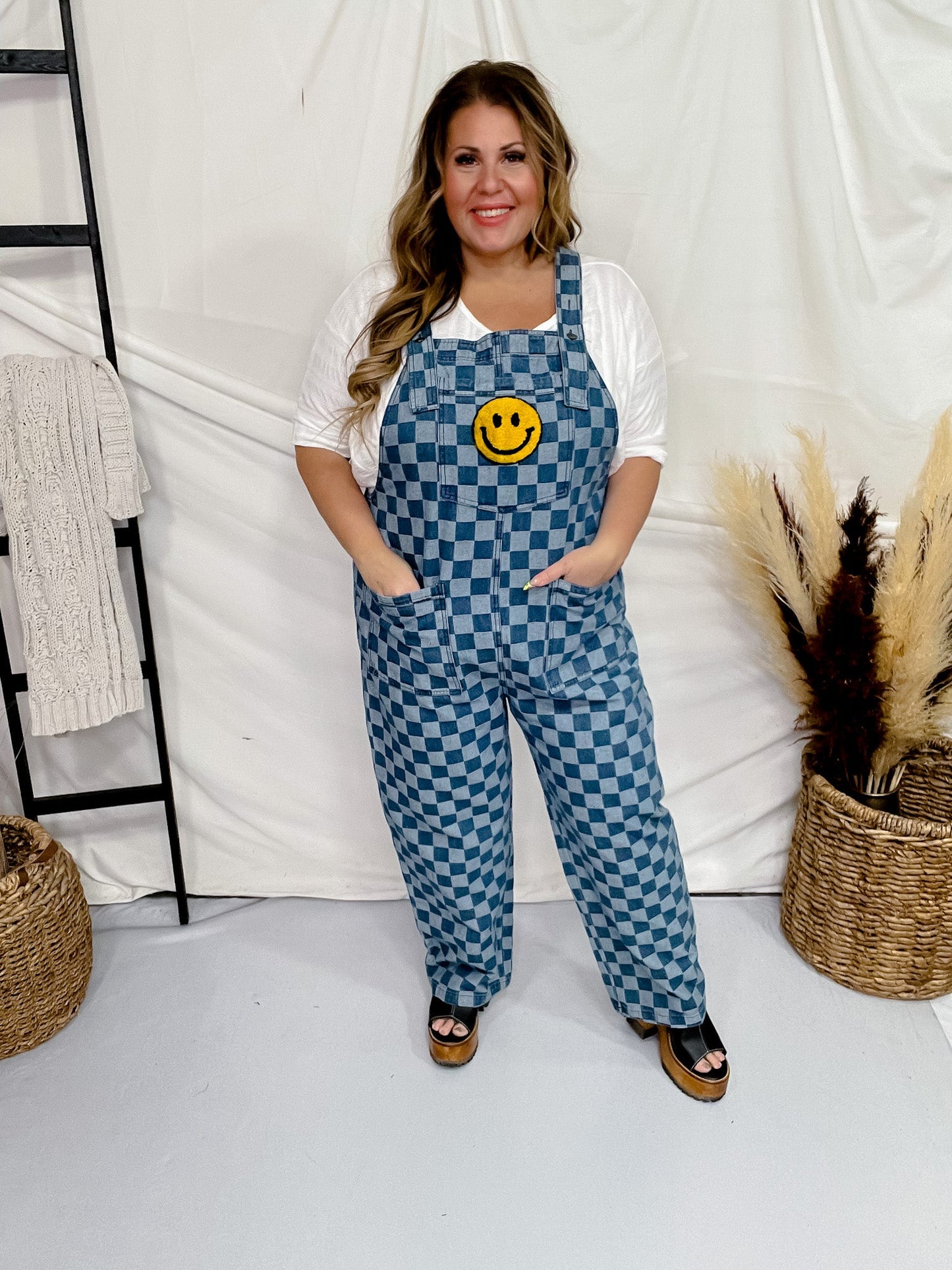Checkered Acid Washed Denim Overalls with Smiley Patch - Whiskey Skies - ODDI