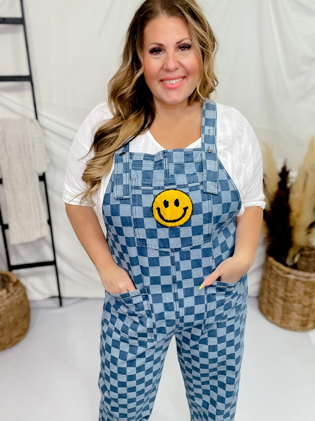 Checkered Acid Washed Denim Overalls with Smiley Patch - Whiskey Skies - ODDI