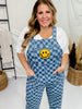 Checkered Acid Washed Denim Overalls with Smiley Patch - Whiskey Skies - ODDI
